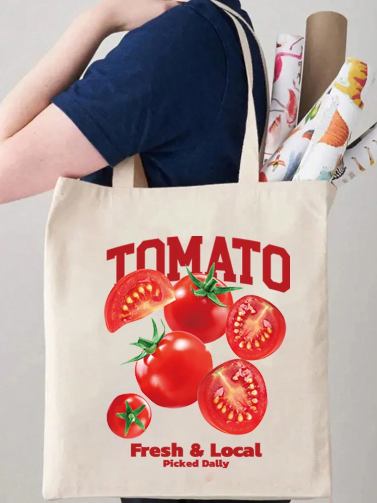 

1pcs Tomato Pattern Women Shopper Bags Tote Plant Travel Shoulder Handbag Shopping Bag Canvas Bags