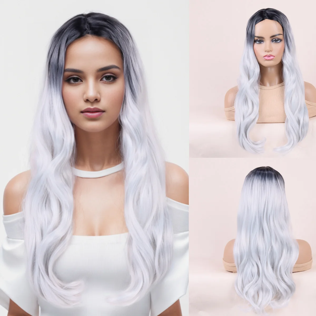 

Dyeable Black Root Top Wig Women, Synthetic Long Hair Elastic Rose Net Wig Cap, Black to Gray Gradient Full Wig for Daily Wear