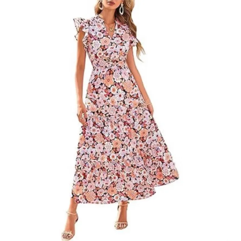 

Bohemian Floral Print Maxi Dresses 2025 Woman Vacation Beachwear Short Sleeve V-Neck Empire Waist Long Dress Vestido Femininos