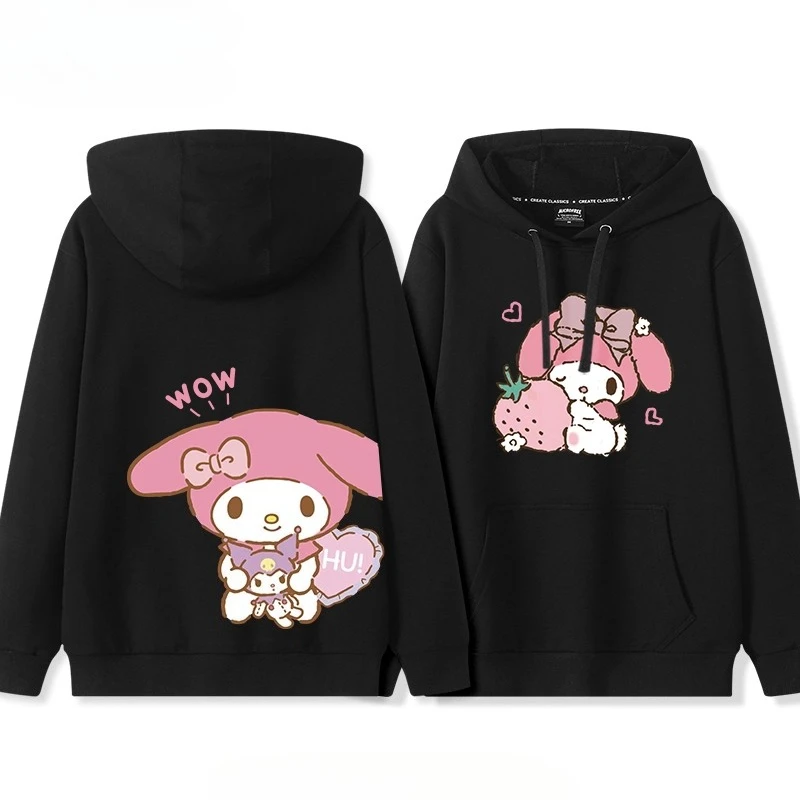 日本のレトロなソフトでキュートなマイメロディのイチゴ柄プリントのフード付きセーター、インスタイルのトレンド、ゆったりとしたカジュアルスタイル、キュートな女の子のトップス