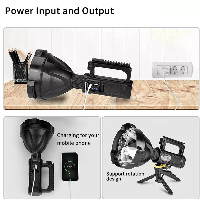 Flashlight Searchlight Handheld Lamp Big Head Strong Light USB Charge Outdoor Waterproof Long Range Multi functional Flashlight