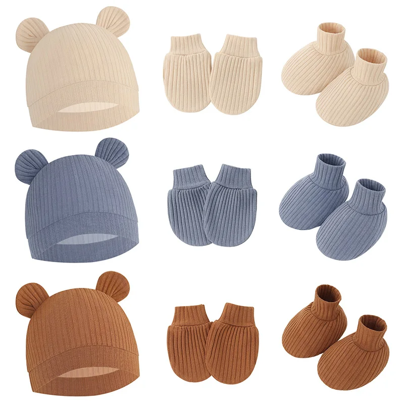 

0-3M Baby Hat Anti-Scratch Gloves Foot Covers Set Cotton Newborn Beanie Double-Ear Striped Hats for Boys Girls Infant Items
