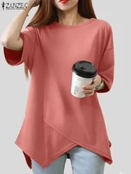 ZANZEA Women Asymmetrical Simple Tops 2024 Summer Short Sleeve Tees Fashion Round Neck Tunics Casual Loose Solid Knitted T Shirt