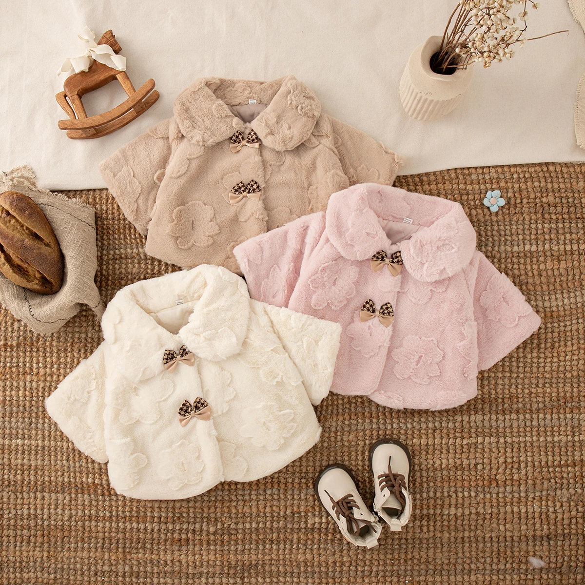 

Kids Girl Winter Daily Casual Wear Flower Element Bow Button Long Sleeve Lapel Solid Color Coat Toddler Girl Plush Coat