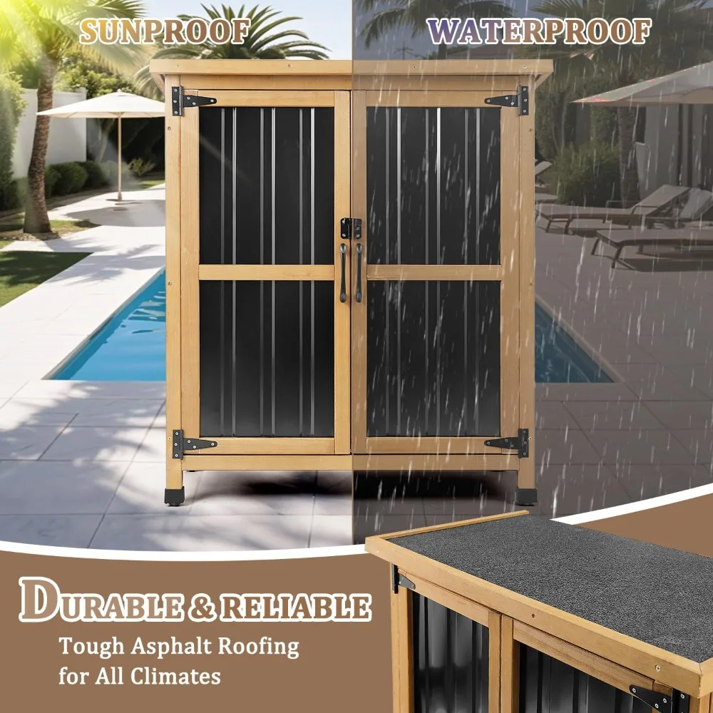 

Outdoor storage cabinets with lockable doors, wooden and metal storage sheds, terrace storage boxes for tools and lawn equipment