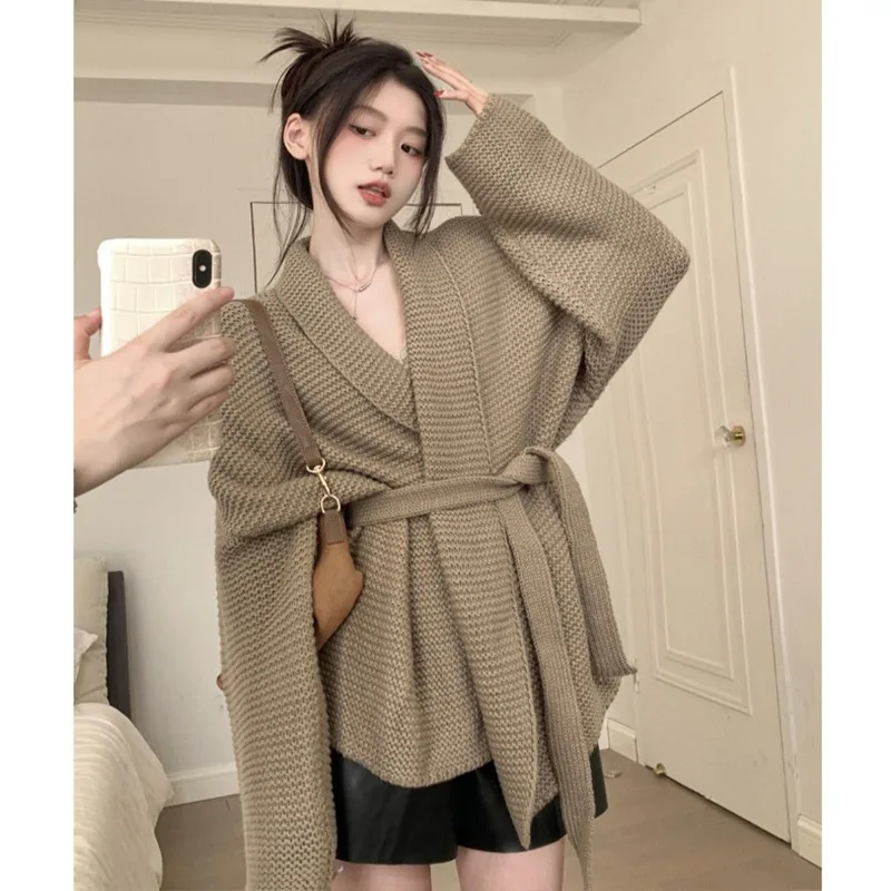 

Мягкий уютный женский вязаный открытый кардиган, свободный ленивый свитер средней длины с застежкой на талии, пальто V-Ne Long Sve Pure Color