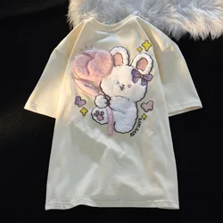 Harajuku Korean T-shirt Women Cute Flocking Rabbit Fashion Short-sleeved O-neck Solid Color Summer Daily Loose Cotton T-Shirts