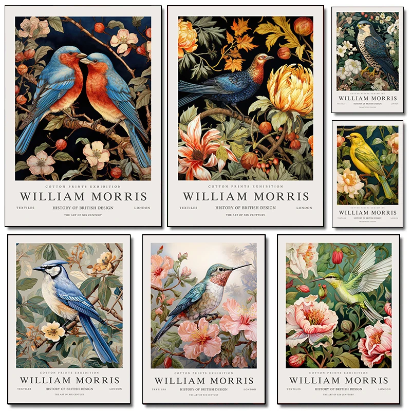 Vintage William Morris Hummingbird Sparrow Flower Bird Botanical Art Poster Canvas Paintings Wall Art Pictures Home Decor
