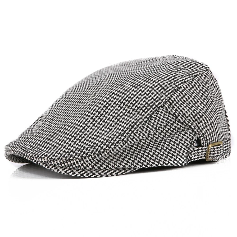 

FLAT CAP Houndstooth Newsboy Berets for Men Black White Plaid Spring Summer Adjustable Cotton Berets Artist Painter Peaked Caps