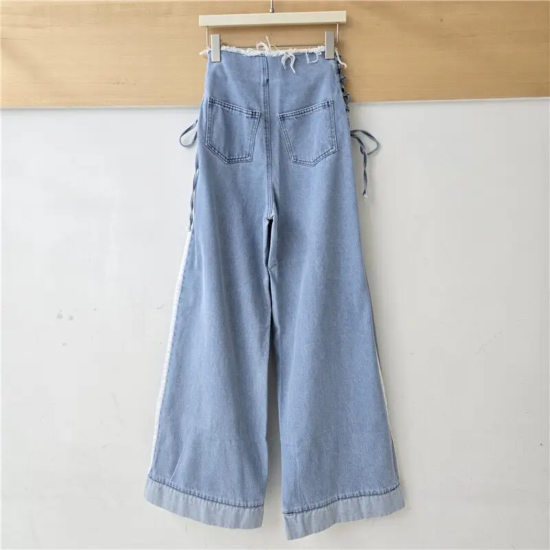 ANJY Spring Autumn New Women Design Frayed Edge Lace-Up Patchwork Wide-Leg Denim Pants Loose Washed High Street Ins Jeans A27598