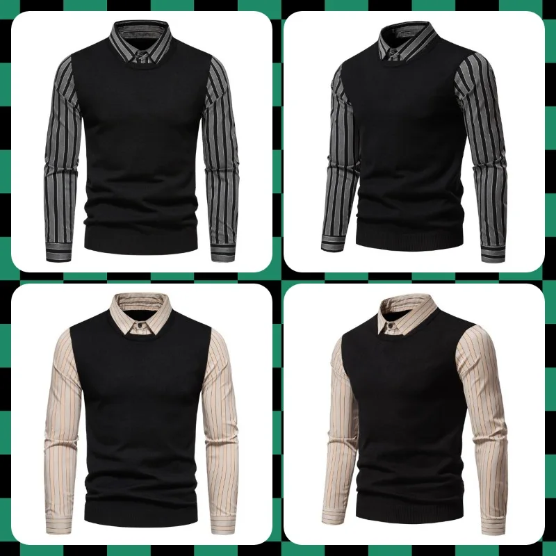 

Autumn New Fashion Business Casual Knitting Fake Two Piece Polo Polo Collar Stripe Design Men's Long Sleeves