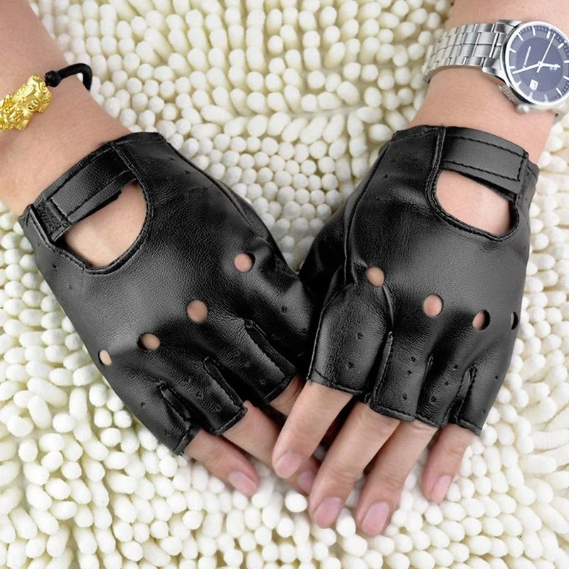 Unisex Artificial Leather Half-Finger Gloves Theatrical Punk Hip-Hop Driving Motorcycle Performance Party Fingerless Mittens - Image 2