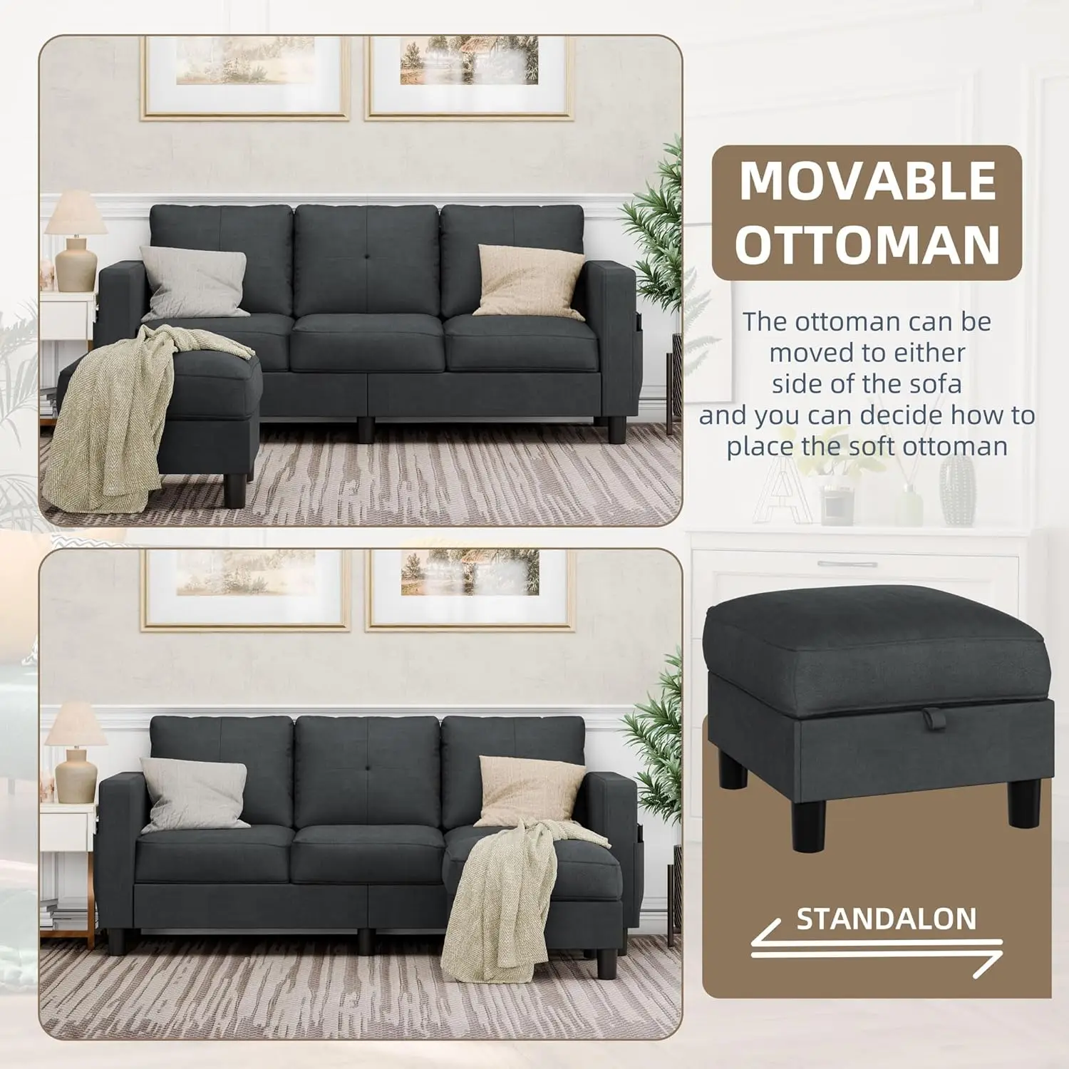 طقم أريكة على شكل حرف L مع قماش كتان وعثماني ، أريكة 3 مقاعد للشقق ، طقم أريكة سوداء ، أثاث غرفة المعيشة #5