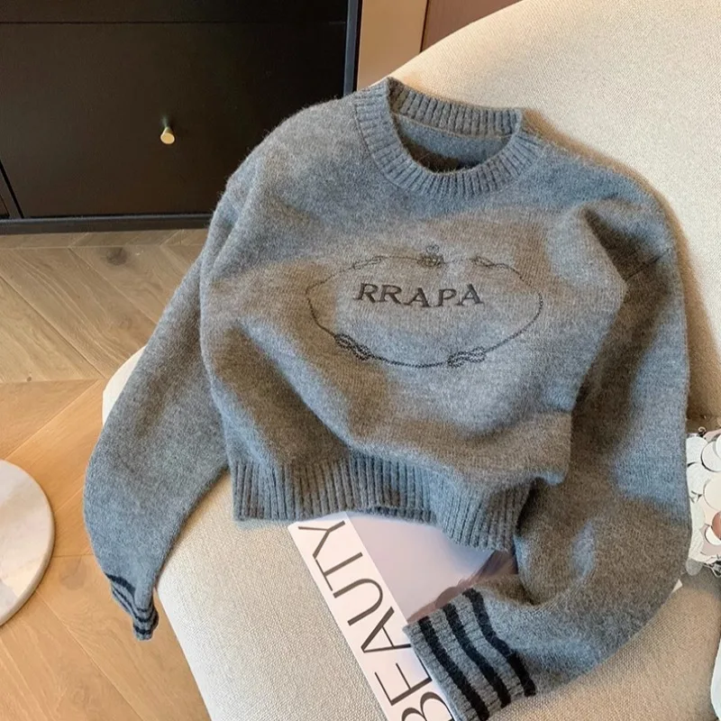 

ey Embroidered Letter round Ne ort Sweater Women's Casual Versatile Soft Knitted Top Autumn Winter Polyester Fiber