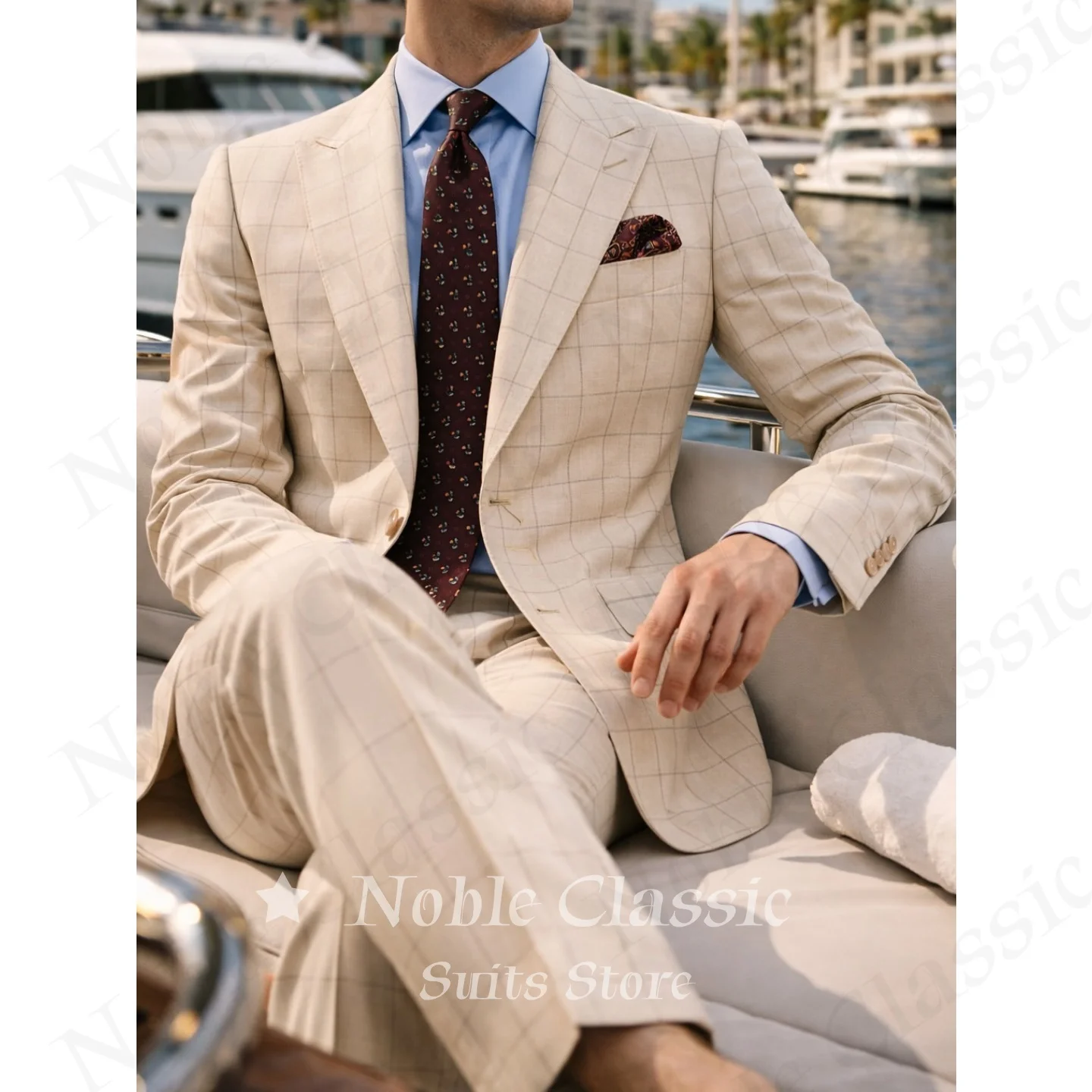 Men Beige Windowpane Blend 2 Piece Suit Slim Fit Notch Lapel Two Button Blazer Pants Set Business Streetwear Office Customized