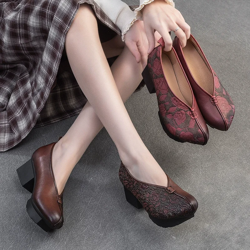 GKTINOO Spring Autumn Ethnic Style Round Toe High Heels Mom Shoes Cowhide Platform Retro Genuine Leather Pumps Women\'s Shoes