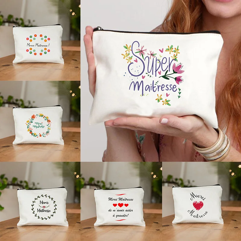 French Thank You Mistress Girl\'s Cosmetics Bag Women\'s Lipstick Storage Coin Purse Makeup Bags Organizer Boxes Teacher Gift