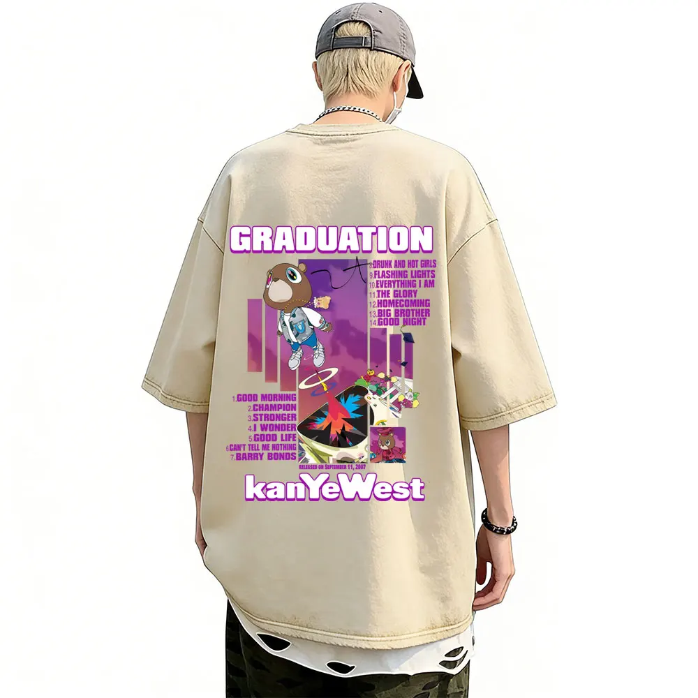 

Washed Vintage Rapper Kanye West Graduation Bear Album Graphic T-shirt Men Women Hip Hop Fashion Pop Music T Shirts Streetwear