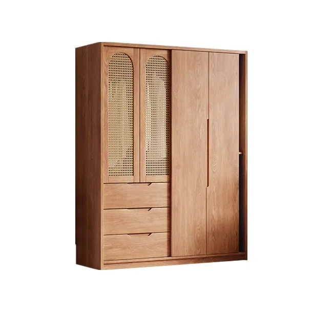 All solid wood oak sliding  wardrobe household bedroom small apartment space saving Japanese sliding door rattan large wardrobe