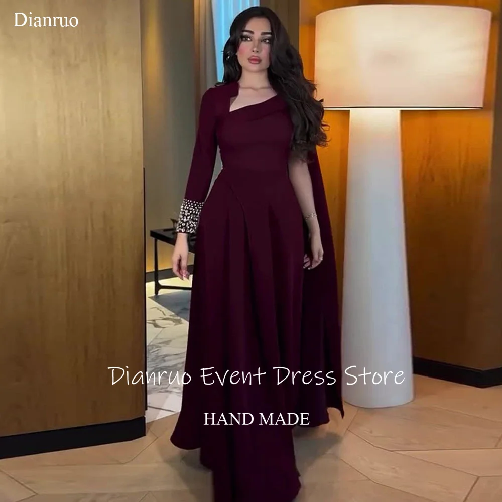 Dianruo mangas assimétricas borgonha vestidos de noite embelezados punhos vestido de baile uma linha vestido de seda de cetim árabe saudita personalizado