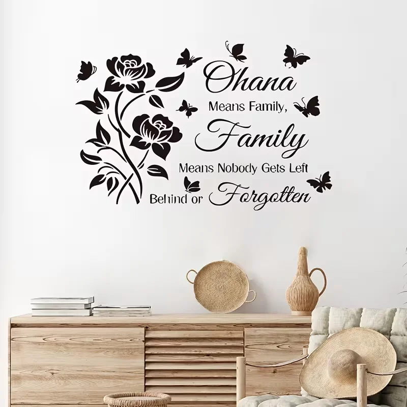 One Ohana Family Quote Wall Sticker | Roses & Butterflies Design | Home Decor Art Set for Indoors, Windows, Doorways, Mirrors &