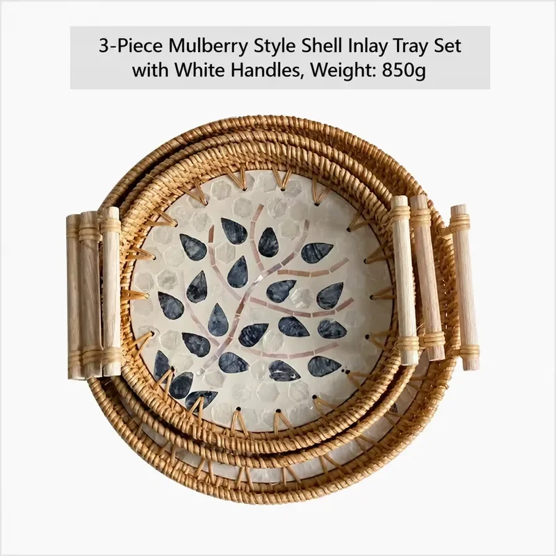 Nordic Design Mulberry Style Art Mosaic Medium White Handles Handmade Wedding Gift Table Decor Woven Serving Rattan Tray