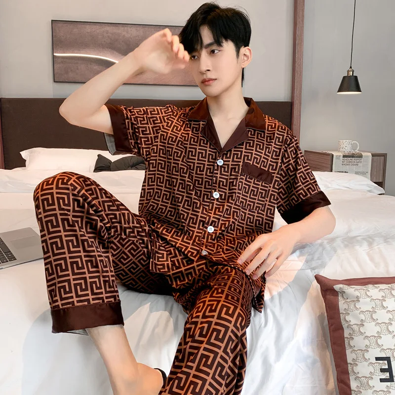 Satin Pajamas Set Men Spring Autumn Ice Silk Thin Short Sleeved Long Pants Summer Two Piece Sleepwear Set Home Cloths Male Boy