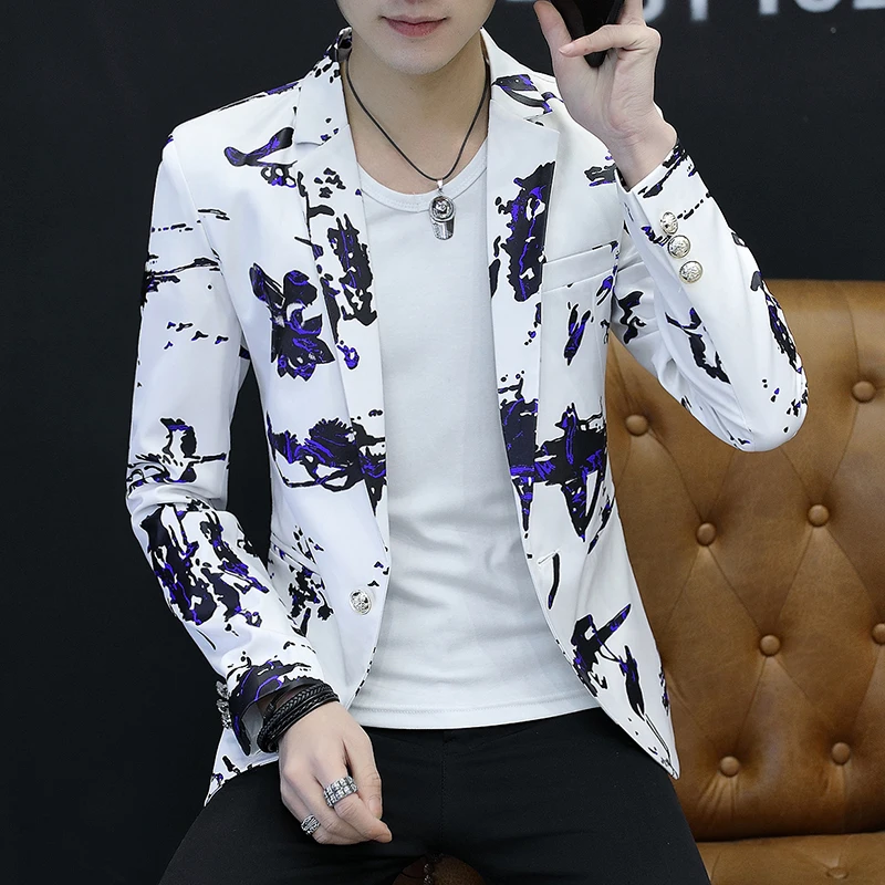 

Printed Slim Fit Men's Jaet Casual Faionable Thin Night Club Spring Autumn Youth Sle Long Sve Suit Top Urban Faion