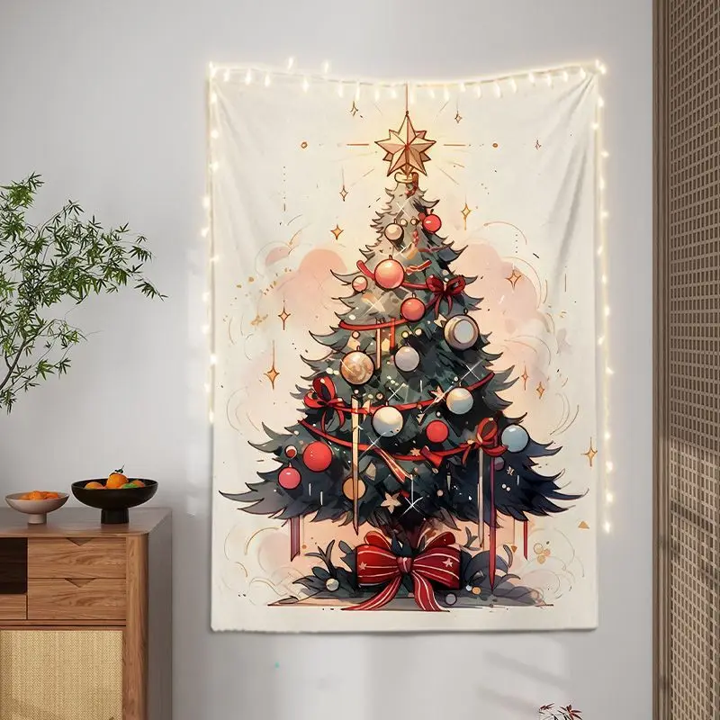 VIKAMA Cartoon Christmas Town Animal Wall Tapestry Santa Snowman Reindeer Gingerbread Tree Gift Merry Text Cute Holiday Home