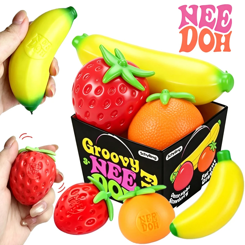 Schylling Needoh Groovy Fruit 3 Pack Set Squish Fidget Sensory Toy Slowly Rising Anti-stress Alleviate ADHD Adult Calming Toy