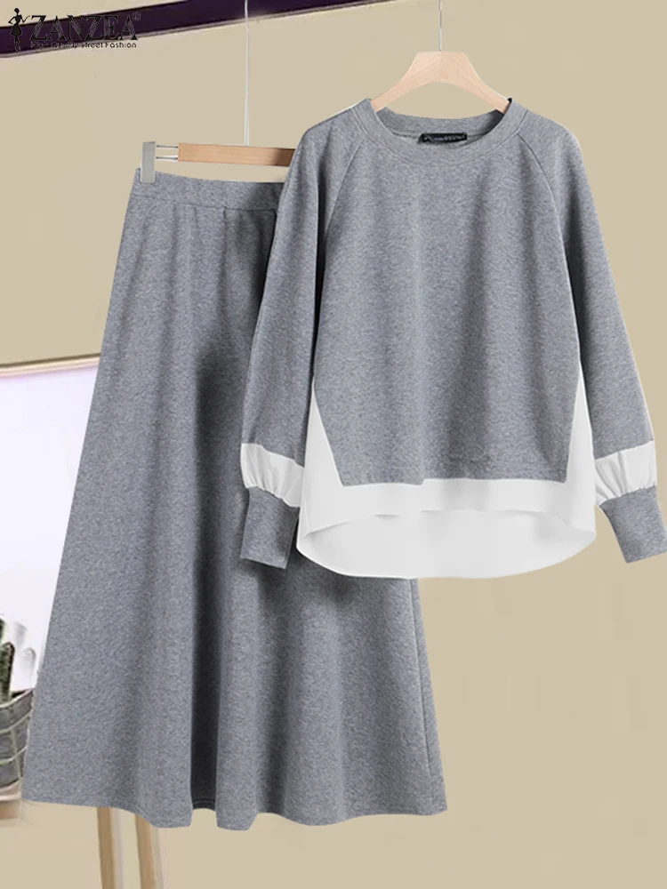 

ZANZEA Fashion Fake 2PCS Tops Outfits Women Colorblock Dress Sets Holiday 2025 Matching Suit Casual Loose Long Skirts Tracksuit