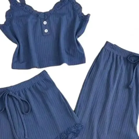 New Women's two-piece pajama set with solid color lace edging sexy slim fit suspender and pants soft and comfortable pajamas set