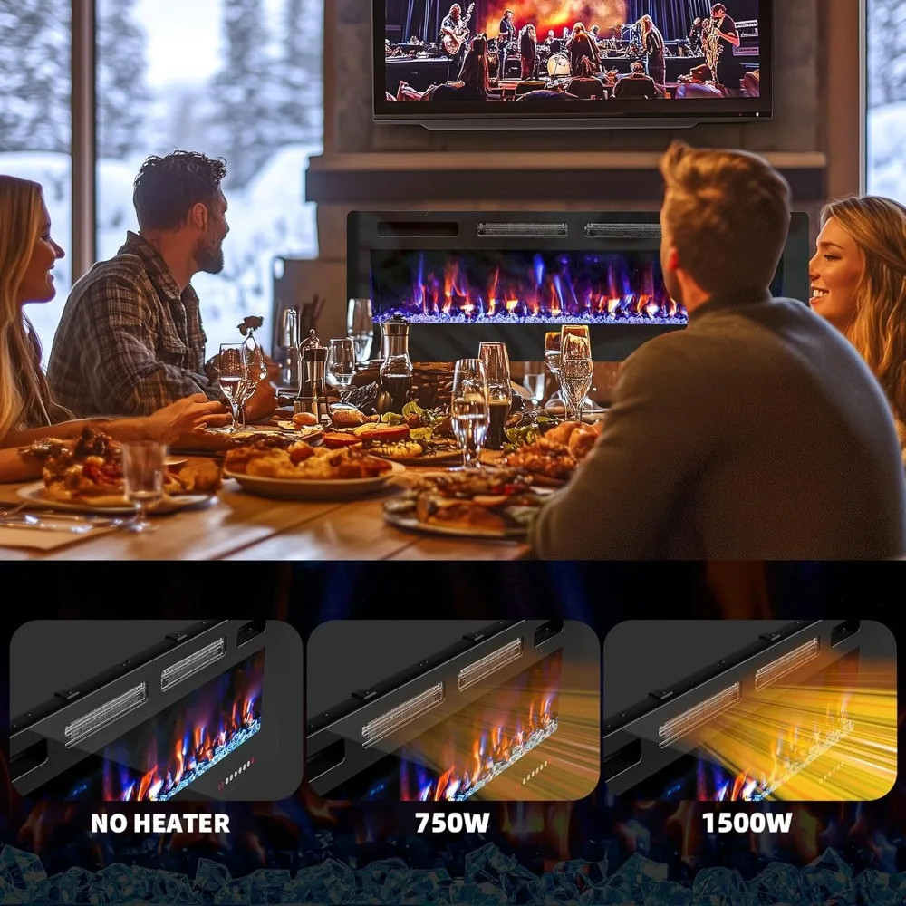 60" Ultra-Thin Electric Fireplace in-Wall Recessed,12 Flame & Ember Colors, Touchscreen/Remote Control