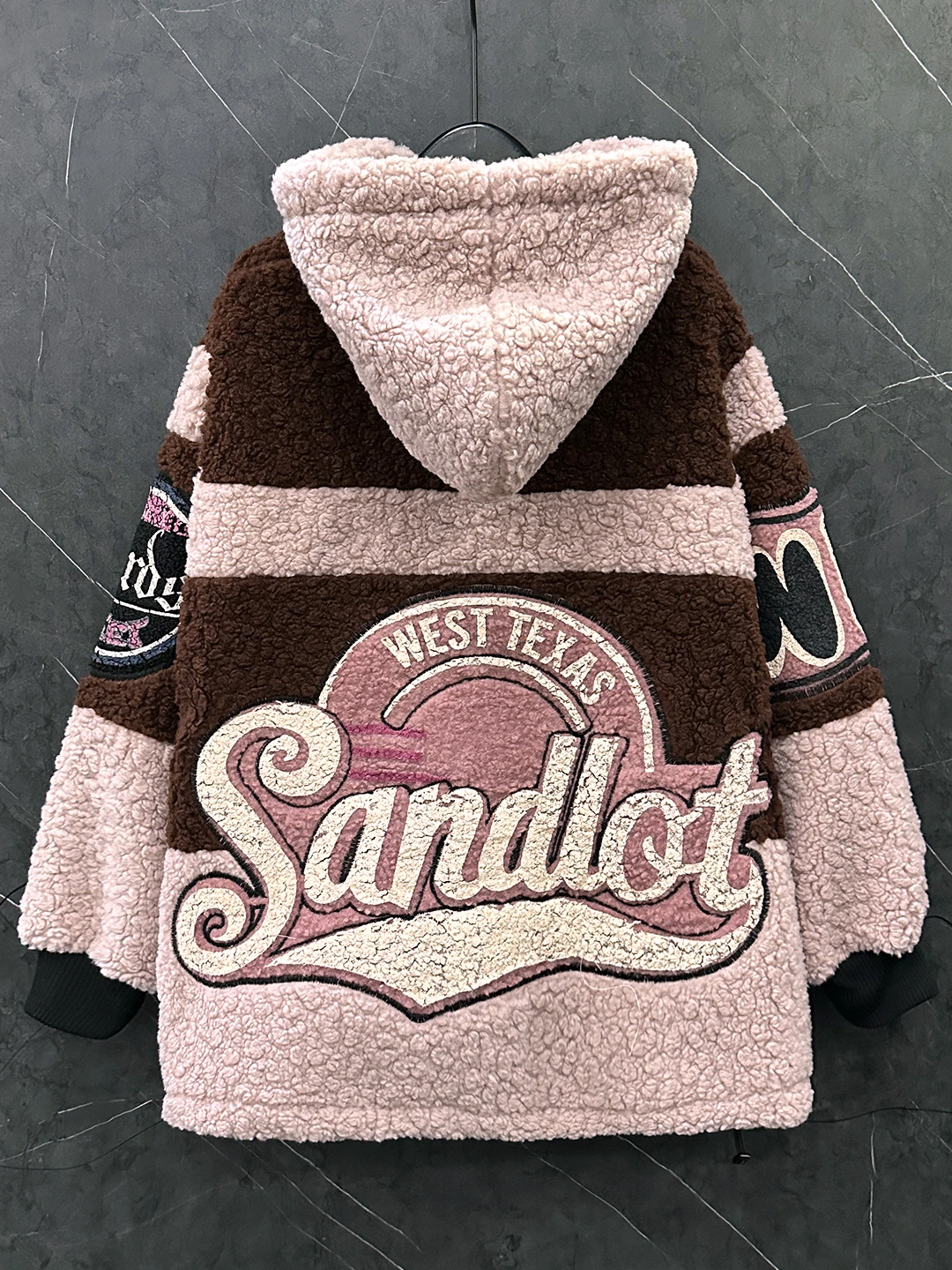 트렌디한 컬러블록 레터링 가을 겨울 플러시 후드 코트 오버사이즈 후드 집업 가디건 탑 두꺼운 플리스 양털 루즈핏 재킷