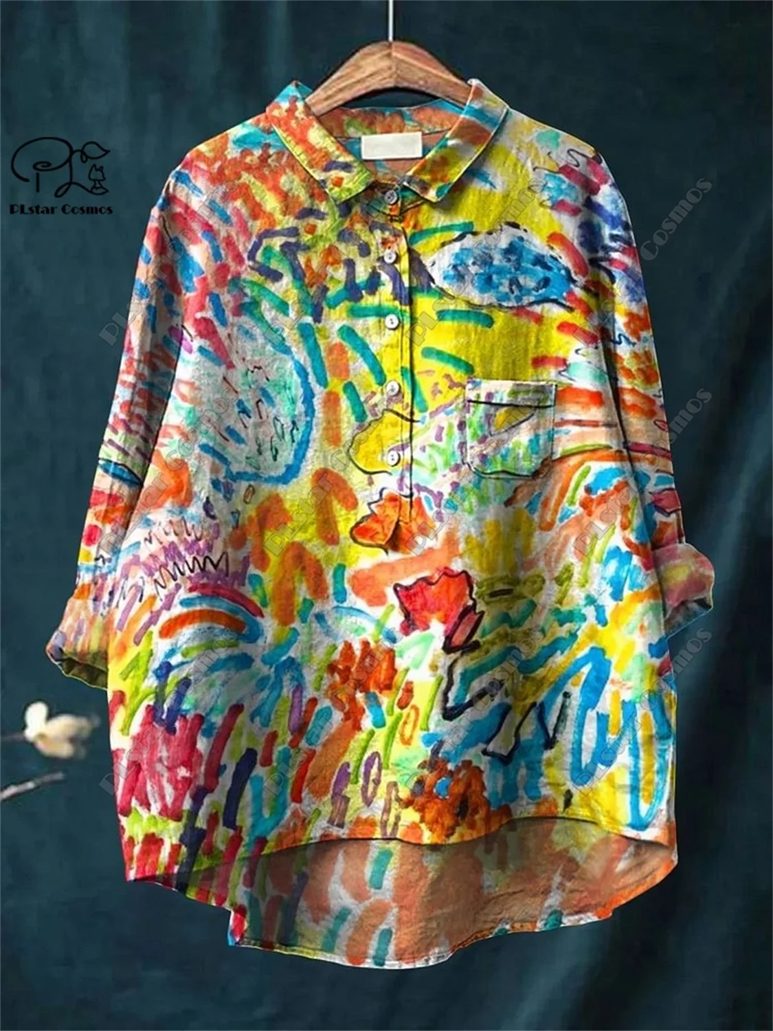 PLstar Cosmos new 3D printed women's loose retro floral fun casual printed open tube shirt  K-5
