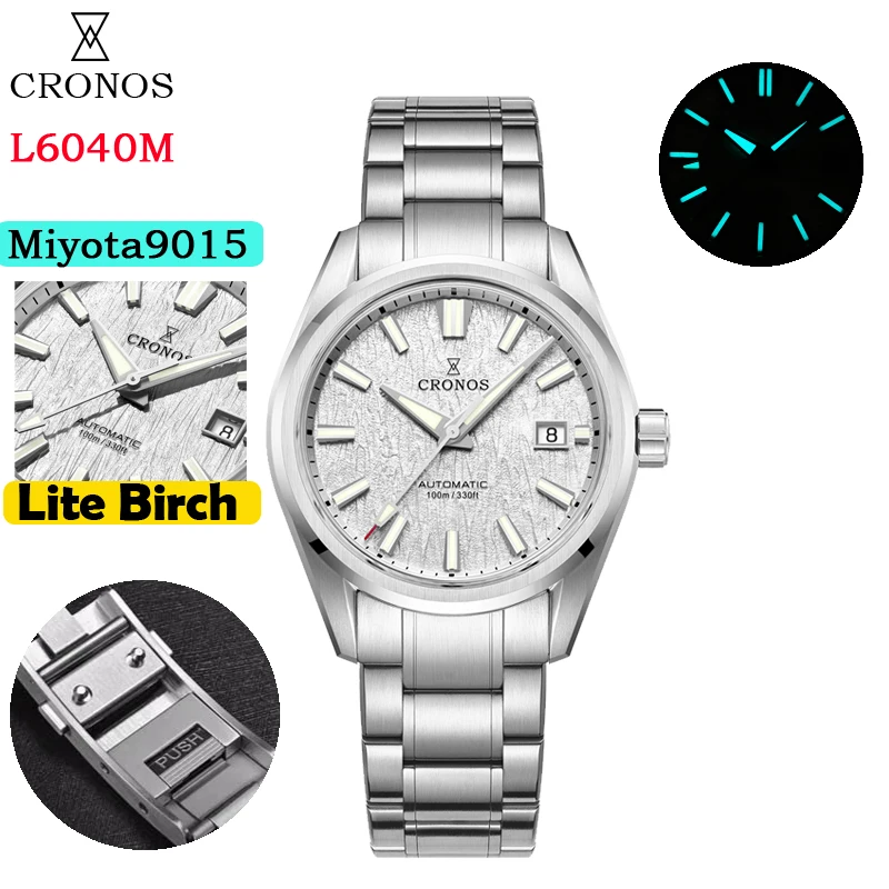Cronos Herenhorloge 39mm Automatisch Miyota 9015 uurwerk Polshorloges Witte wijzerplaat Berkenpatroon Massieve schakels Saffier 10 ATM L6040M