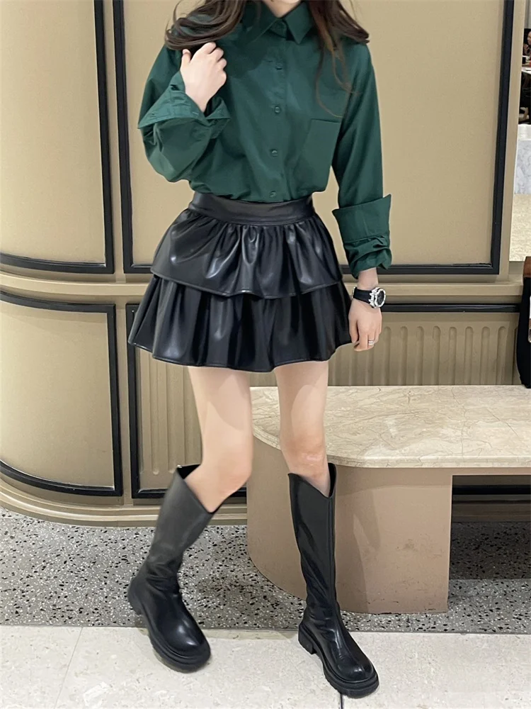 

Юбка-плиссе из черной искусственной кожи с высокой талией, женская, для офиса, в корейском стиле, с расклешенным подолом, защита от просвечивания