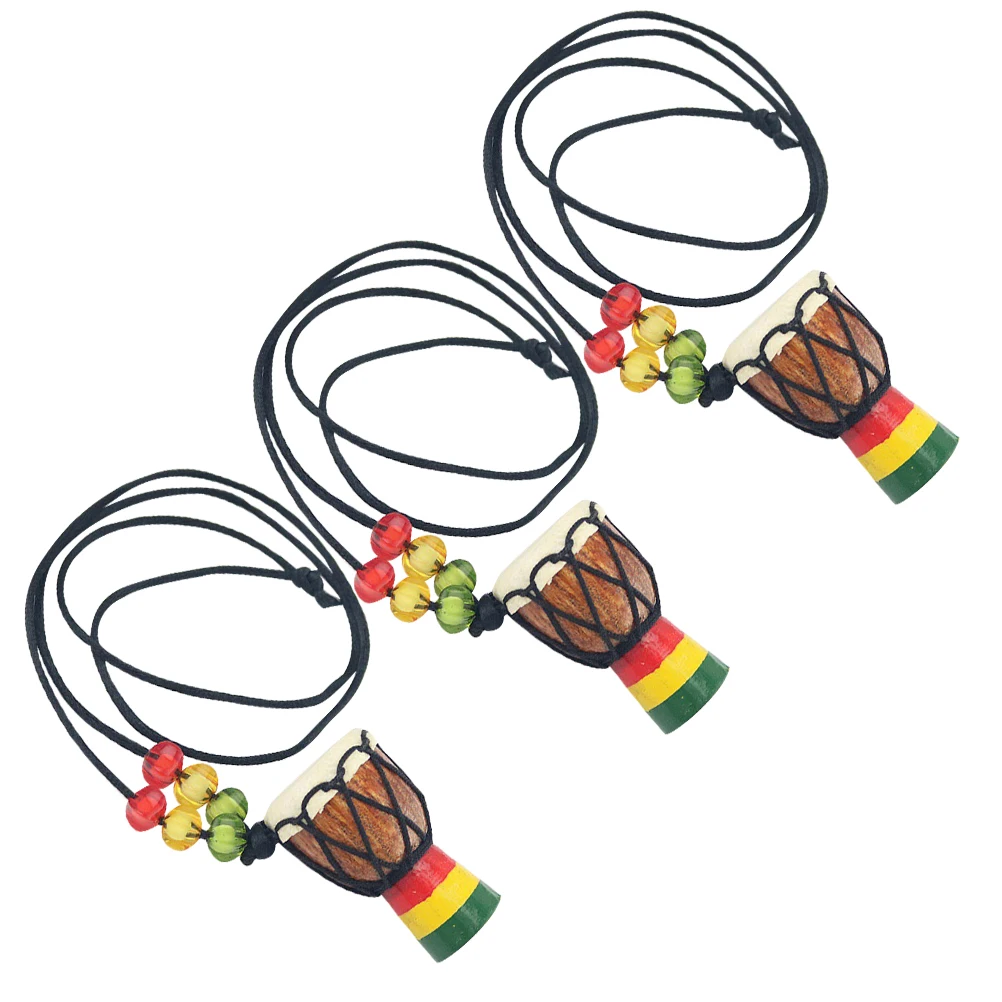 

3Pcs Wooden Classic Drummer Necklace Mini Djembe Percussion Neck Pendant African Hand Drum Gift Neck Jewelry ( Color)