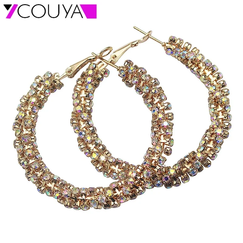 2017 Gold Color Flower Hoop Earrings for Woman Rhinestone Crystal Large Twisted Circle Earrings Fashion Jewelry E10009