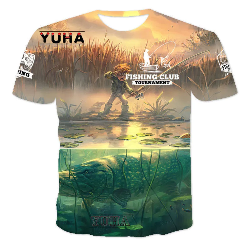 Summer new fishing pattern 3DT shirt men and women round neck short -sleeved casual fish print must -have top & T -shirts