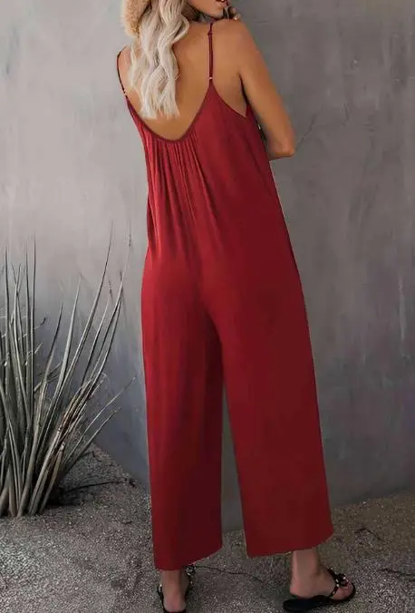 Summer New Solid Color Round Neck Sleeveless Camisole Jumpsuit Women's Casual Vacation Style Loose Wide Leg Jumpsuit