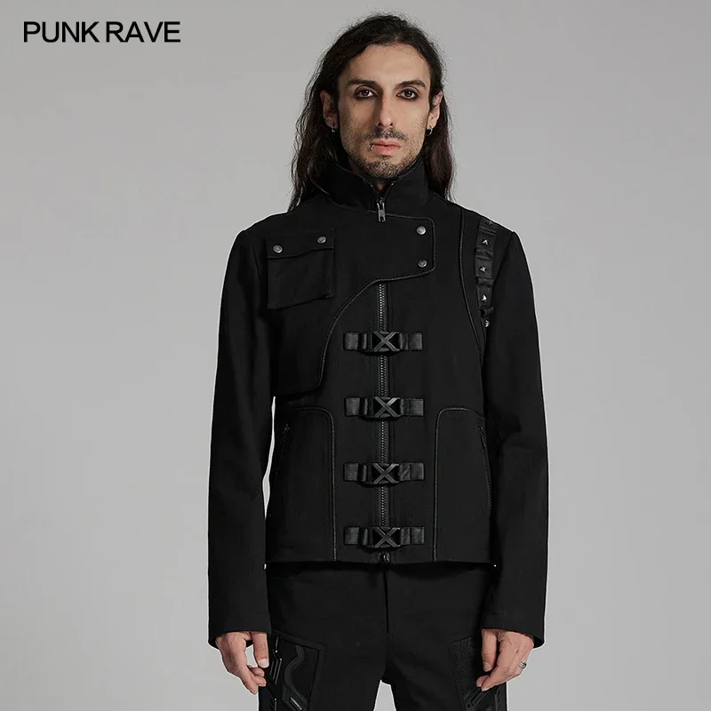 PUNK RAVE Men's Cyberpunk Deconstruction Stand Jacket Stylish Rivets on Side Shoulder Interpret Casual Mens Short Coat