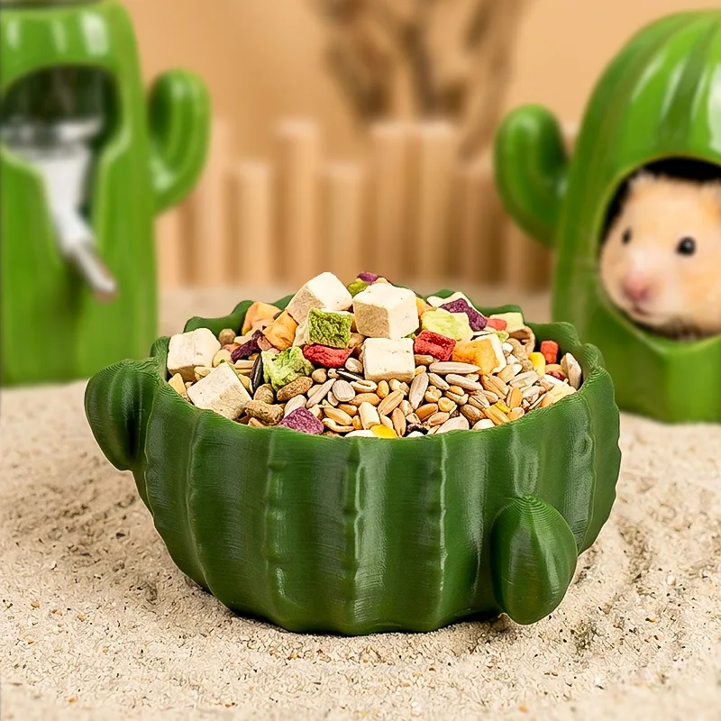 3D Printed Cactus Hamster Food Bowl – Anti-Tip Chew Resistant Feeder for Syrian Dwarf, Small Animal Cage Decor