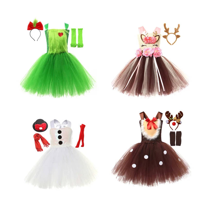 Children Elk Reindeer Cosplay Costume Kids Girls Christmas Snowman Green Cosplay Monster Tutu Dress Outfits Carnival Party Suit