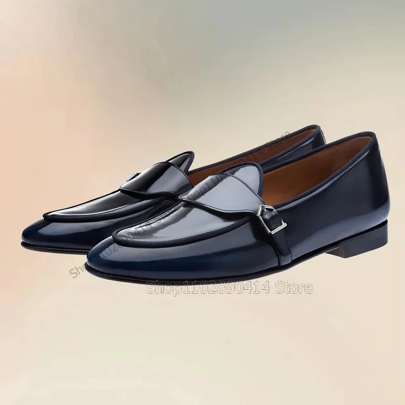 

Black Buckle Decor Patent Leather Penny Loafers Fashion Slip On Men Shoes Luxurious Handmade Party Feast Office Men Dress Shoes