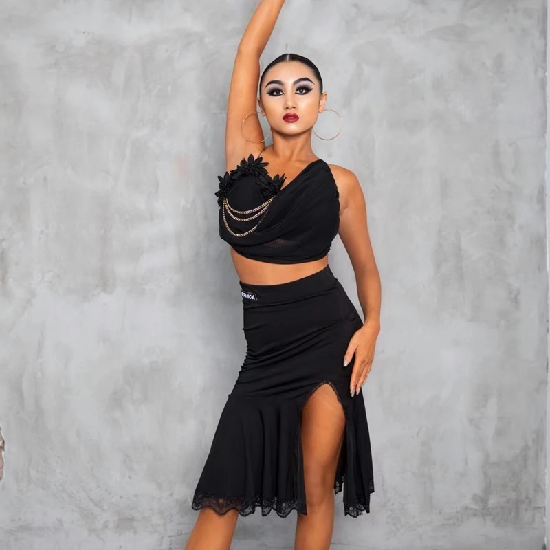 Adults Rumba Samba Latin Dance Clothing Sleeveless Latin Top Black Skirt For Women Ballroom Dance Costumes Stage Wear SL9163