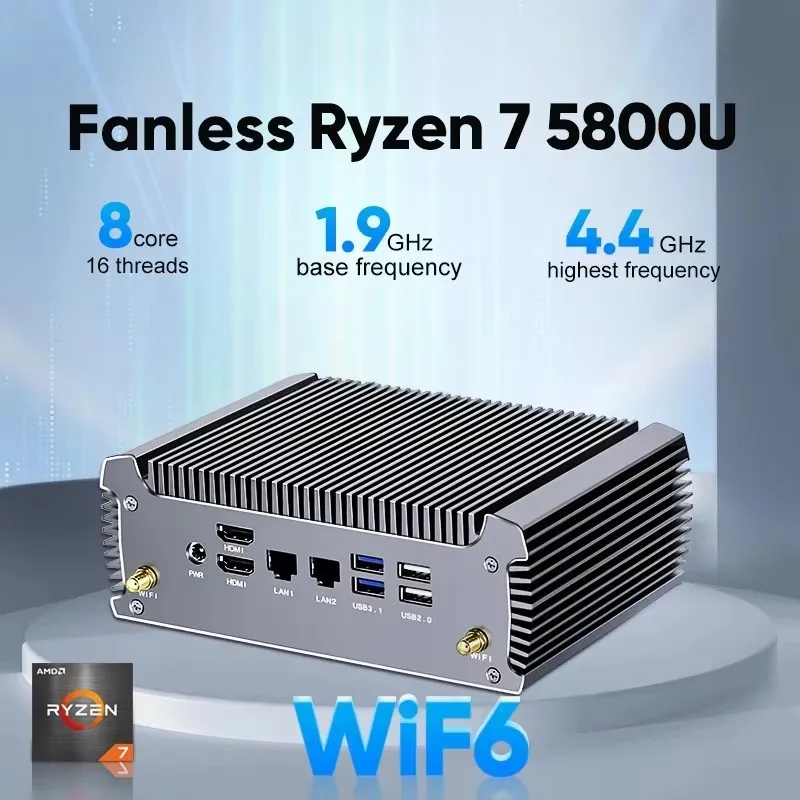 Topton FU02 Fanless Mini PC AMD Ryzen 7 5800U 8 Core 16 Threads Barebone PC Desktop Gaming Computer Windows 11 HTPC 2x4K WiFi6