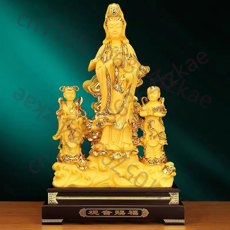 

Guanyin Bodhisattva with Golden Boy & Jade Maiden - Complete Attendant Set for Compassion & Wisdom, Auspicious Home Altar Sculpt