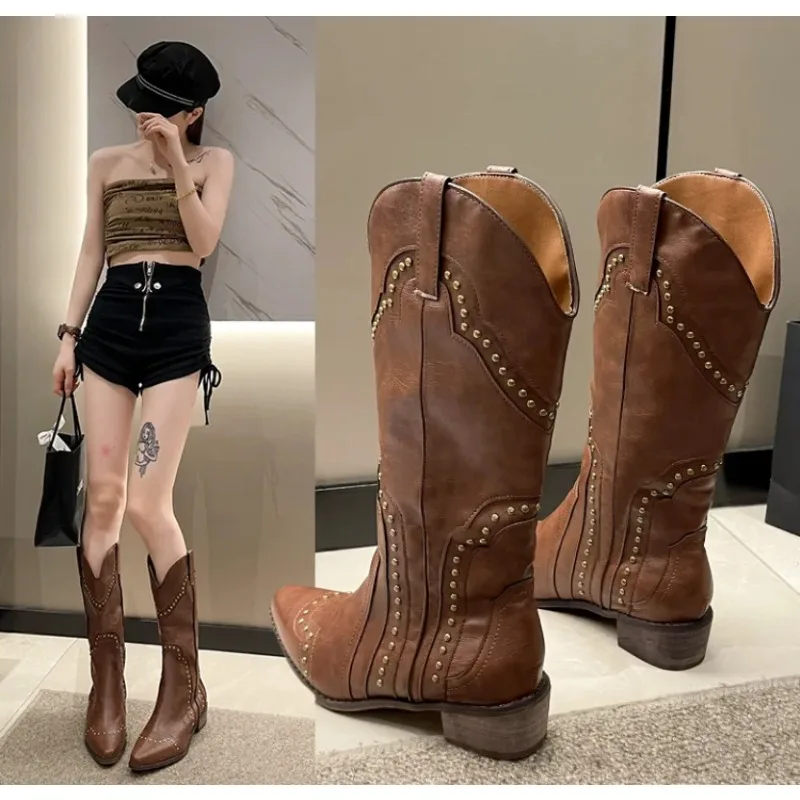 Retro Rivet Long Boots Women Low Heel Cowboy Chelsea Western Pu Leather Knee High Gothic New Ladies Shoes Vintage Brown Botas