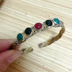 BR003 Tibetan Jewelry Copper Metail Inlaid Colorful Beads Women Bracelet 6mm Width Slim Open Back Cuff Bracelet